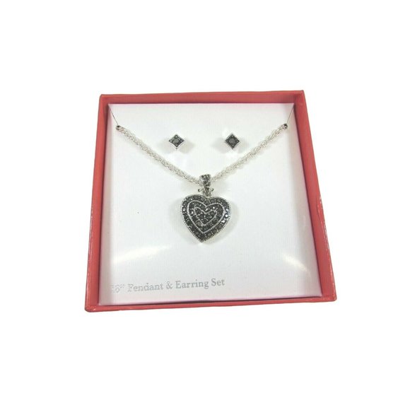 Vintage Faux Marcasite Heart Pendant Pierced Earrings Set 51771 - Picture 1 of 5